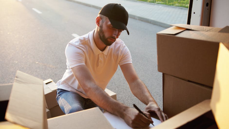 A man wearing a black cap, white polo shirt, and jeans is kneeling on the pavement beside an open cardboard box during a home relocation process. He is using a black marker to label or mark the box, which appears to contain more packing materials and possibly fragile items. Multiple packed cardboard boxes are stacked nearby, some sealed with tape, indicating they are prepared for transportation. The setting is outdoors, adjacent to a doorway of a property where the boxes have been moved outside for loading onto a vehicle. In the background, a large van with its rear door open is visible, with the interior of the vehicle ready for furniture and other household items to be loaded for a professional removals service. The scene is illuminated by natural daylight, capturing the meticulous packing and loading process associated with furniture transport and house removals, emphasizing careful handling and organization.