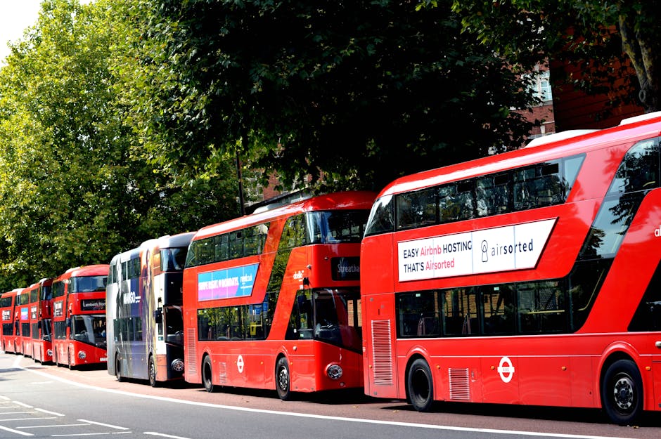 A line of red double-decker buses parked along a street curb in Lambeth, with some buses displaying advertisements on their sides. The scene features several buses positioned parallel to a paved road, with a background of green trees and a building partially visible behind the foliage. The buses are parked in close proximity, suggesting a busy urban area, and the image captures the loading process typical of home relocation or furniture transport during moves. Lambeth Removals may use similar vehicle setups for house removals, ensuring careful loading and unloading of furniture and boxes inside and outside properties. The sunlight creates clear shadows around the vehicles, indicating daytime, and the overall environment reflects a typical busy London street scene suited for residential moves and transportation logistics.