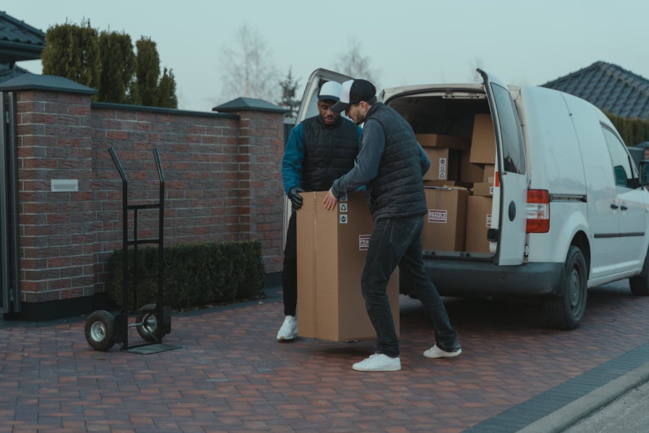 Two men engaged in a home relocation task are unloading a cardboard box from the open rear doors of a white commercial van parked on a paved driveway. One man, wearing a black puffer vest over a gray hoodie and white sneakers, is lifting the box, while the other, dressed in a black jacket over a blue shirt and black gloves, assists with the handling. Nearby, there is a manual trolley with black handles and wheels positioned on the driveway, ready to carry items. The background features a brick wall, some greenery including bushes and trees, and residential houses with tiled roofs, indicating a suburban setting. The scene is illuminated by natural daylight, with a clear focus on the process of packing and loading furniture or boxes for a house move, consistent with the services provided by Lambeth Removals and the context of [PAGE_TITLE].
